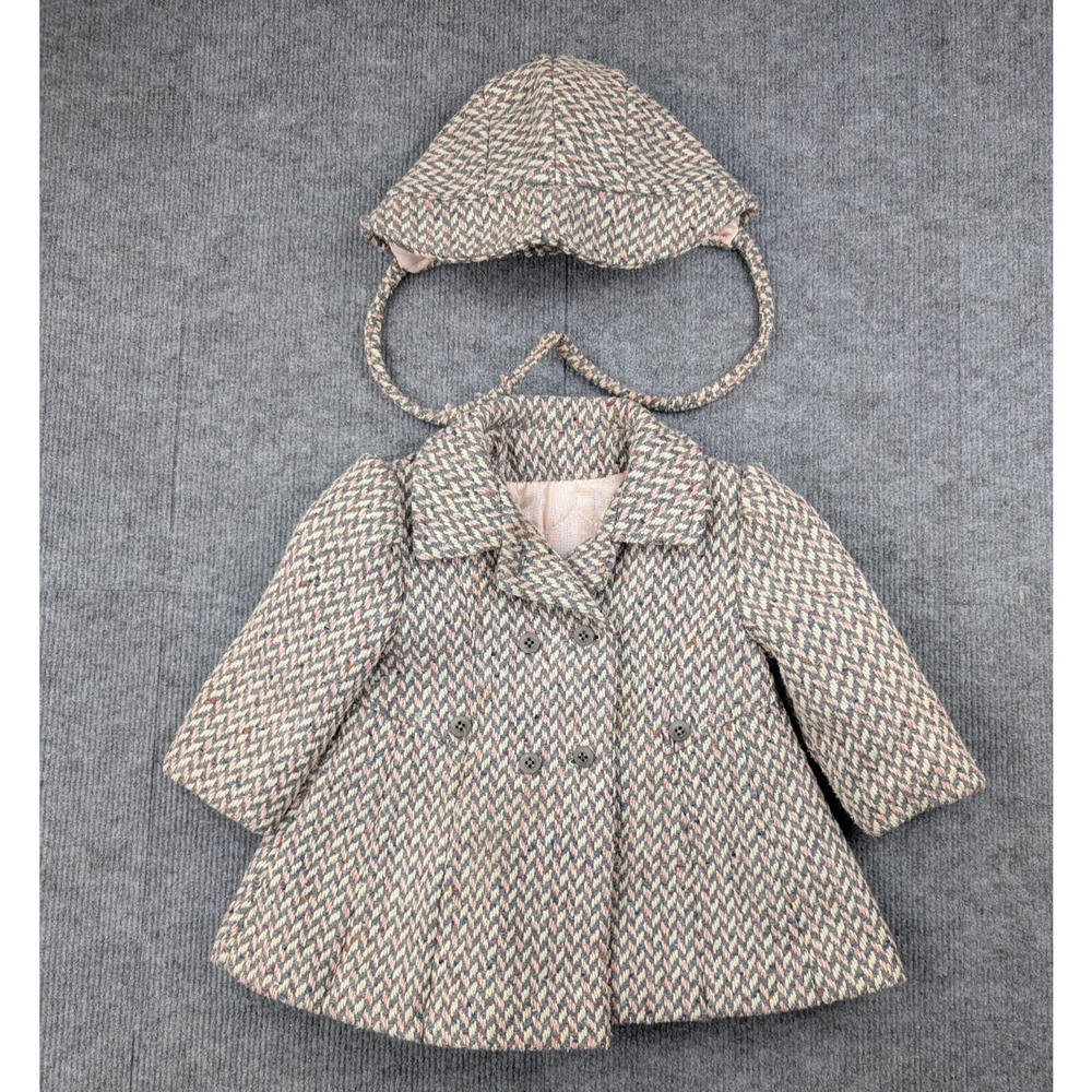 Vintage Freeway Fashions Pea Coat Set Kid Girls 2T Herringbone Bonnet Hat Retro